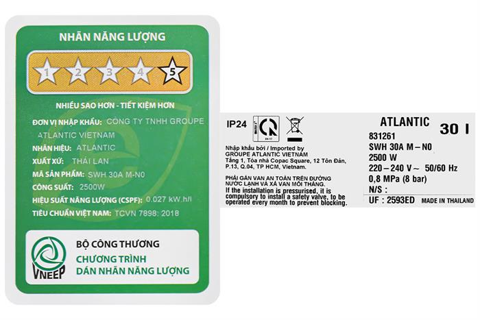 Bình nóng lạnh Atlantic 30 lít SWH 30A M-N0 AMI SQUARE 831261